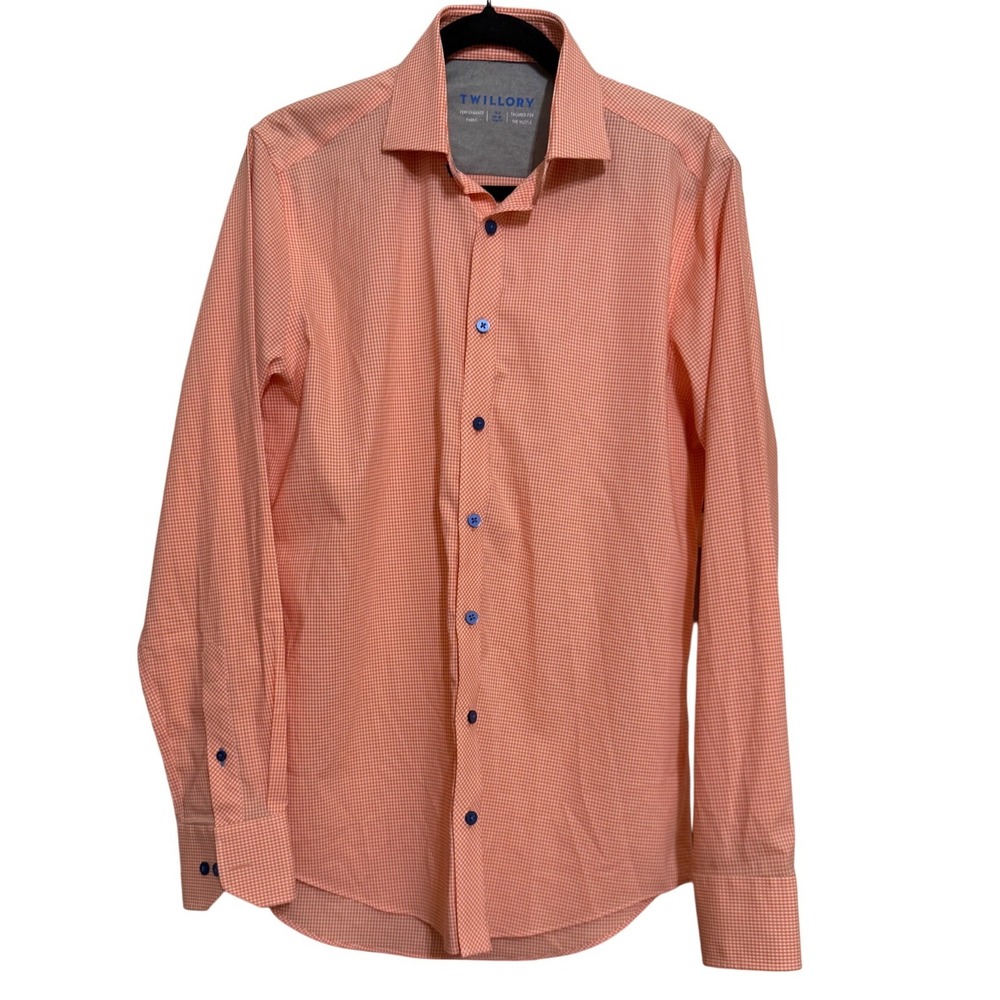 Twillory Mens Performance Dress Shirt 15.5 34/35 Trim Fit Orange Micro Check